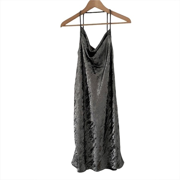 HALSTON Cowl Neck Metallic Slip Mini Dress in Gunmetal - Picture 8 of 16